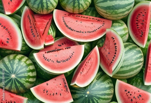 Sliced and Whole Watermelons with Water Drops, High Angle