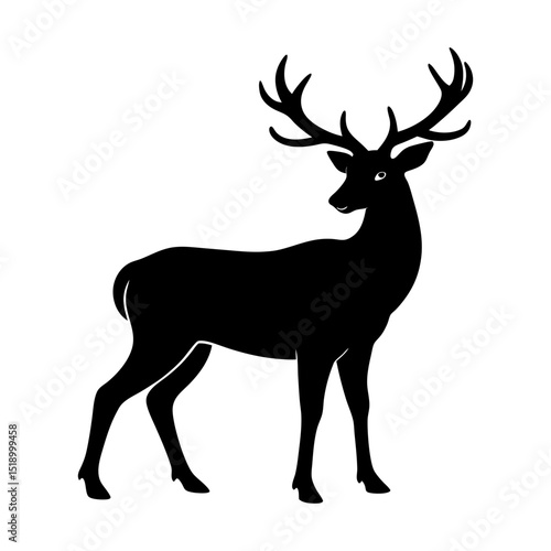 Silhouette of a deer standing with large antlers isolated on white background