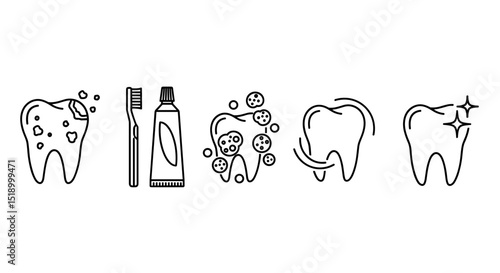 Dental hygiene icons illustrating tooth decay, brushing, and clean healthy teeth, a dental care concept on transparent background