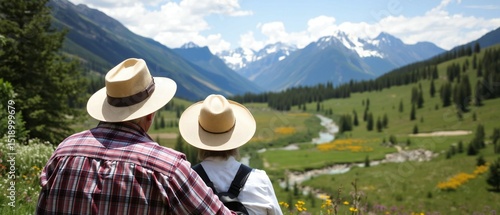 Elderly couple in hats enjoy a scenic view of a lush valley