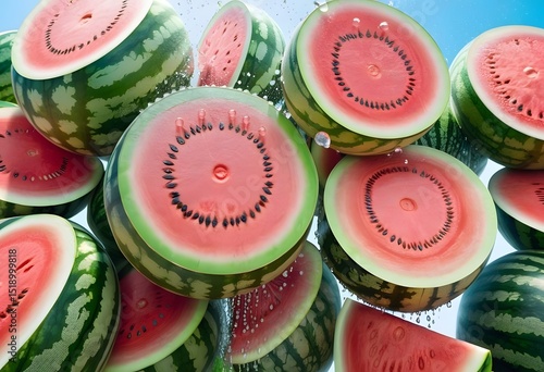 Dramatic Low Angle of Ripe Watermelons with Water Drops