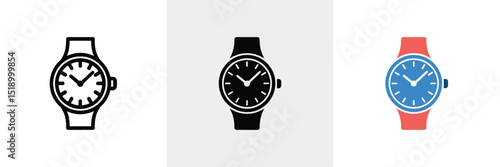 Three Different Watch Icons Outline, Solid Black, and Blue/Red Wristwatch Illustration