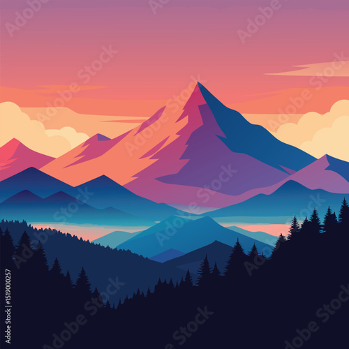 Impressionist mountain sunset landscape in vibrant pinks and blues