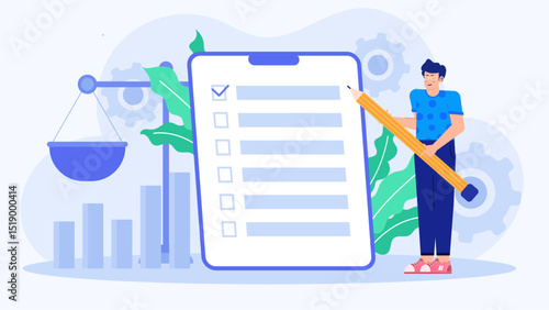 Man pointing at checklist with pencil on blue background. Suitable for task management, productivity, planning, organization concepts in business.