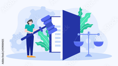 Woman holding a gavel in front of a book, perfect for legal concepts, justice themes, law related designs, and legal presentations.