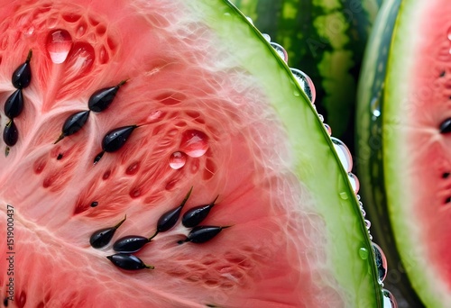 Macro: Extreme close-up of a ripe juicy watermelon covered with water drops, crisp flesh and seeds