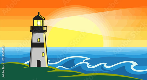 Coastal Lighthouse at Sunset Beams Shining Brightly (1)