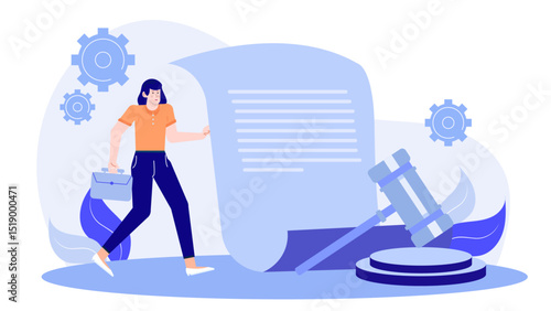 Woman holding a briefcase, by a gavel and document. Suitable for law, business, justice concepts, legal services, and professional women.
