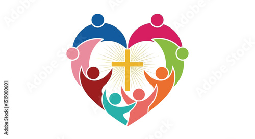 Colorful People Forming a Heart Around a Golden Cross
