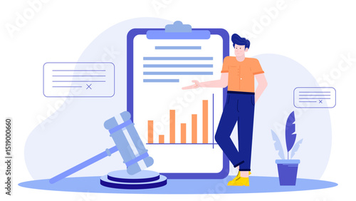 Man presenting a business plan with a gavel, suitable for legal and business presentations, leadership, decision-making, business strategy concepts.