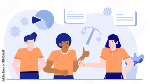 Three people elbow bumping in an illustration, suitable for social distancing, teamwork, connection, teamwork, unity, partnership concepts.