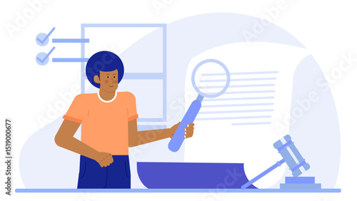 Investigator examining legal document with blue hair. Suitable for legal, investigation, research, and justice concepts in design projects.