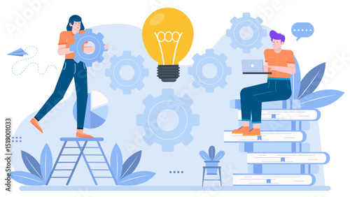 Two colleagues collaborating on a creative project, incorporating gears, a light bulb, and a ladder. Ideal for teamwork concepts and innovation themes.