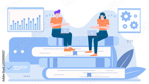 Two people on stack of books with laptops, great for education, studying, teamwork, online learning, eLearning concepts in visuals.