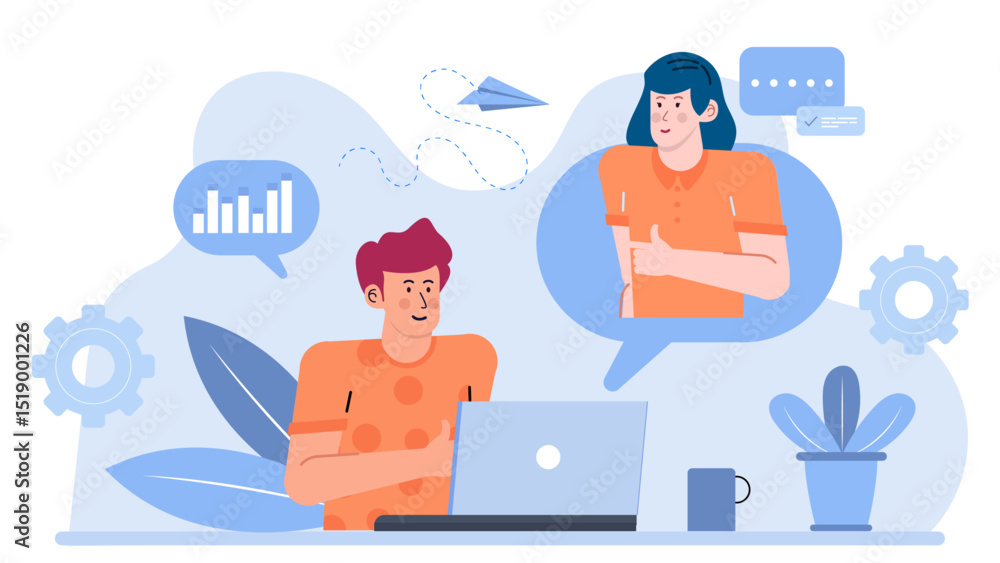 Man working on laptop with woman giving thumbs up, portraying teamwork, success, business partnership, technology, collaboration, approval, productivity, and support. Man working on laptop with woman giving thumbs up, portraying teamwork, success, business partnership, technology, collaboration, approval, productivity, and support.