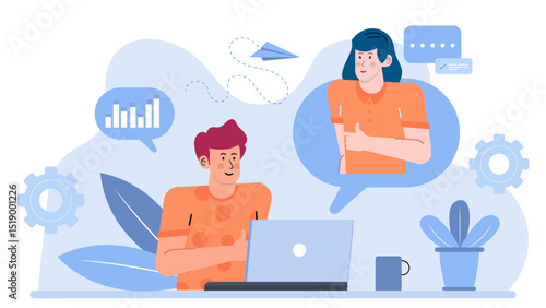Man working on laptop with woman giving thumbs up, portraying teamwork, success, business partnership, technology, collaboration, approval, productivity, and support.