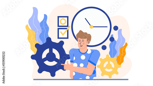 Man pointing to a gear useful for technical illustrations, engineering concepts, presentations, and industrial marketing materials. Perfect for website banners.