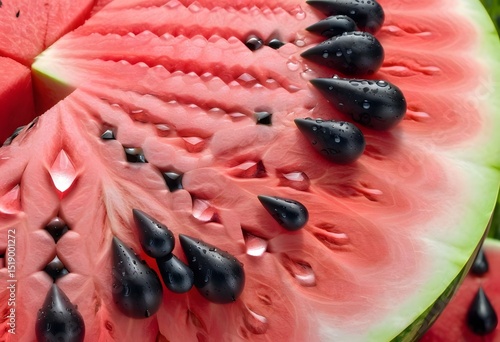 Extreme Close-Up of Juicy Watermelon Flesh with Water Drops