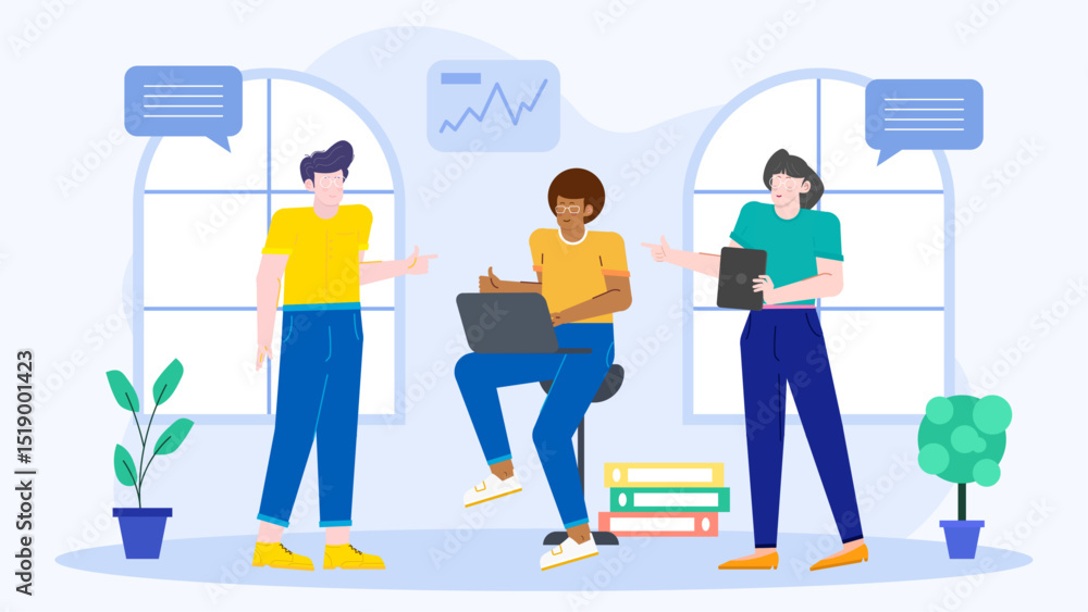 Obraz premium Three people working in a modern office surrounded by lush green plants. Perfect for business websites, presentations, and creative projects.