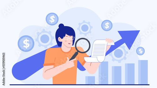 Woman analyzing financial document with magnifying glass, financial growth concept, business analysis, financial investigation, market research, financial planning materials.