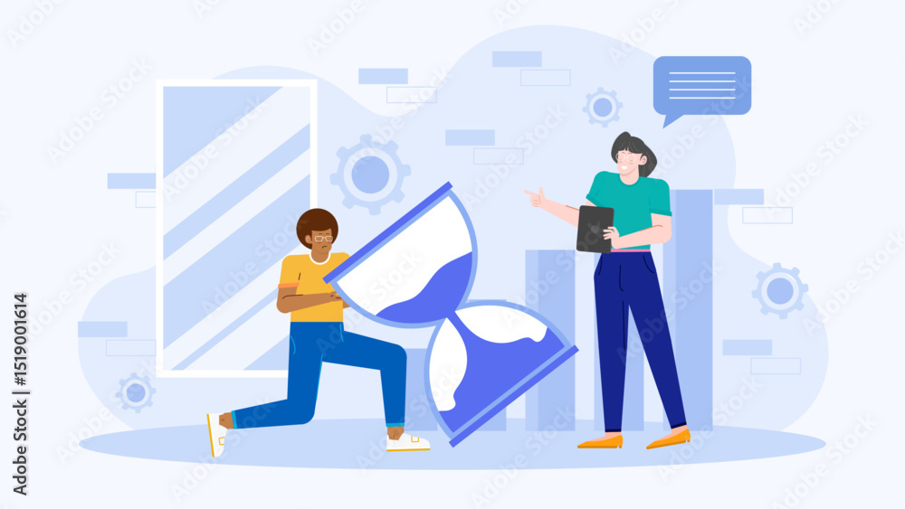 Two people gazing at hourglass, concept of time management, stress, deadline. Suitable for business, time management, deadline concept illustrations. Two people gazing at hourglass, concept of time management, stress, deadline. Suitable for business, time management, deadline concept illustrations.