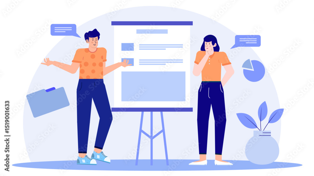 Man presenting to woman in office setting. Suitable for business presentations, workplace interactions, corporate communication, gender dynamics illustrations. Man presenting to woman in office setting. Suitable for business presentations, workplace interactions, corporate communication, gender dynamics illustrations.