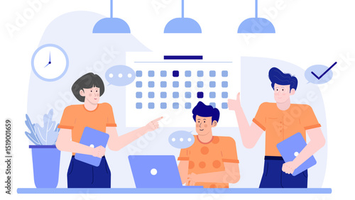Three people collaborating around a calendar, suitable for teamwork, scheduling, business planning, project management concepts in presentations and designs.