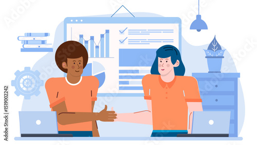 Two people shake hands while sitting at laptops. Suitable for business collaboration, partnership, teamwork concepts in professional settings.