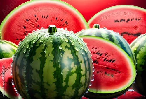 Silhouette: Backlit many ripe juicy watermelons covered with water drops, high-contrast drama