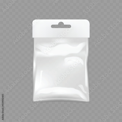 Transparent Plastic Packaging Bag Mockup - Retail Hang Tab. Vector