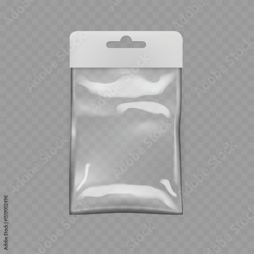 Transparent Plastic Packaging Bag Mockup - Retail Hang Tab. Vector
