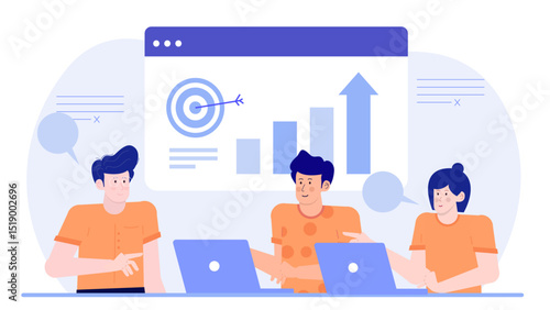 Three people engaged in discussion over a graph and pointing at a target. Suitable for business presentations or teamwork concepts.