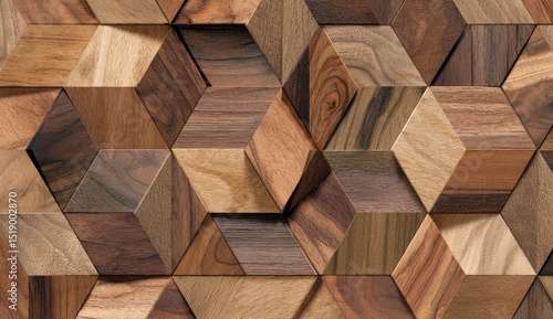 Fototapeta Naklejka Na Ścianę i Meble -  Geometric wooden wall panels.  Intricate 3D hexagonal pattern.  Natural wood tones