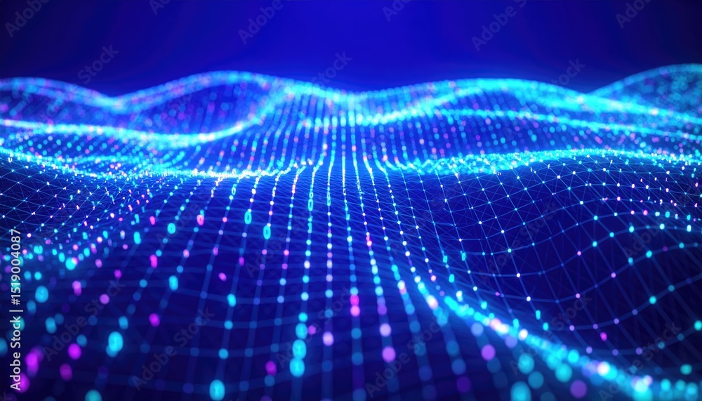 Fototapeta premium Uv binary mesh morphing slowly in glowing coded transformation