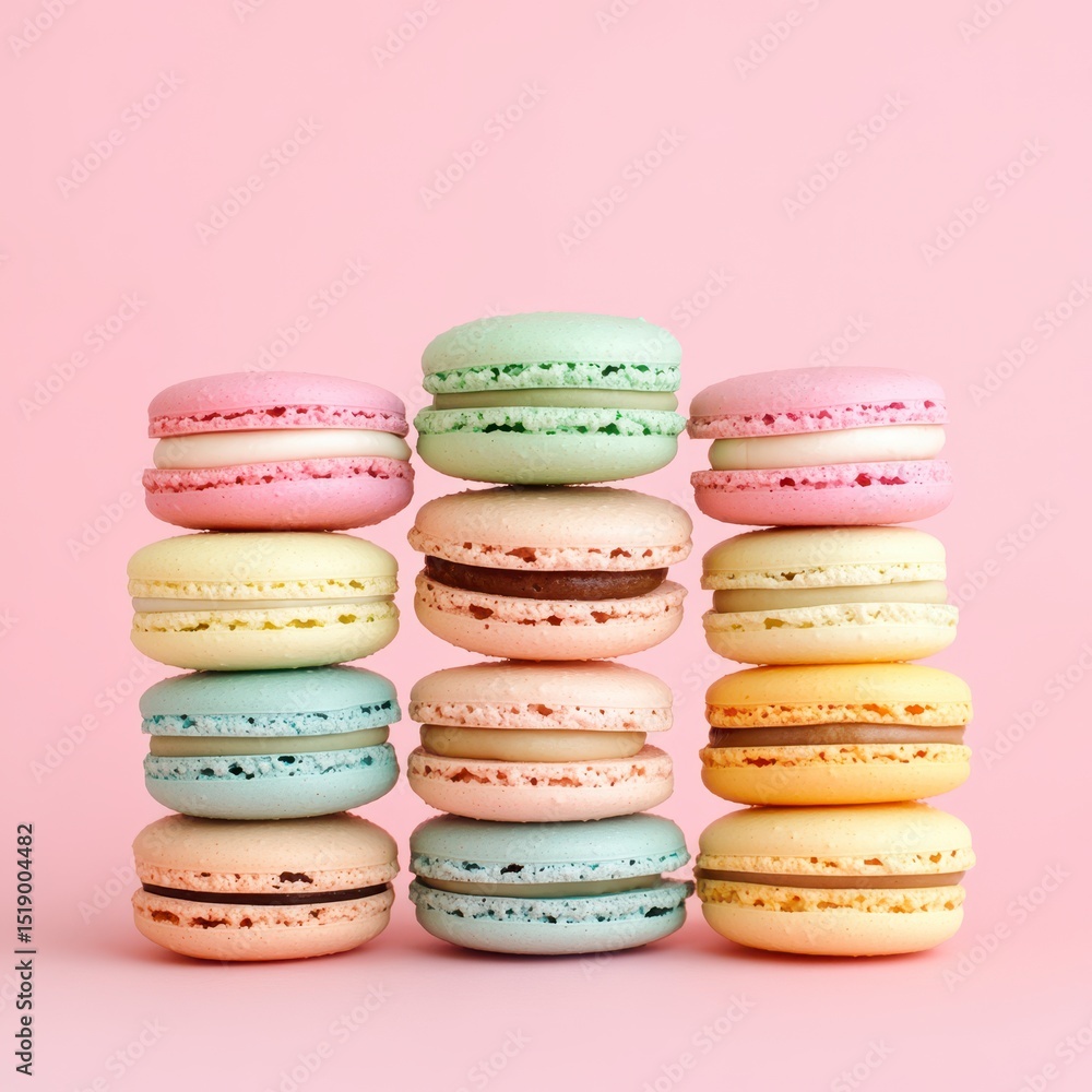 Fototapeta premium Pastel Macarons Stacked on Pink Background