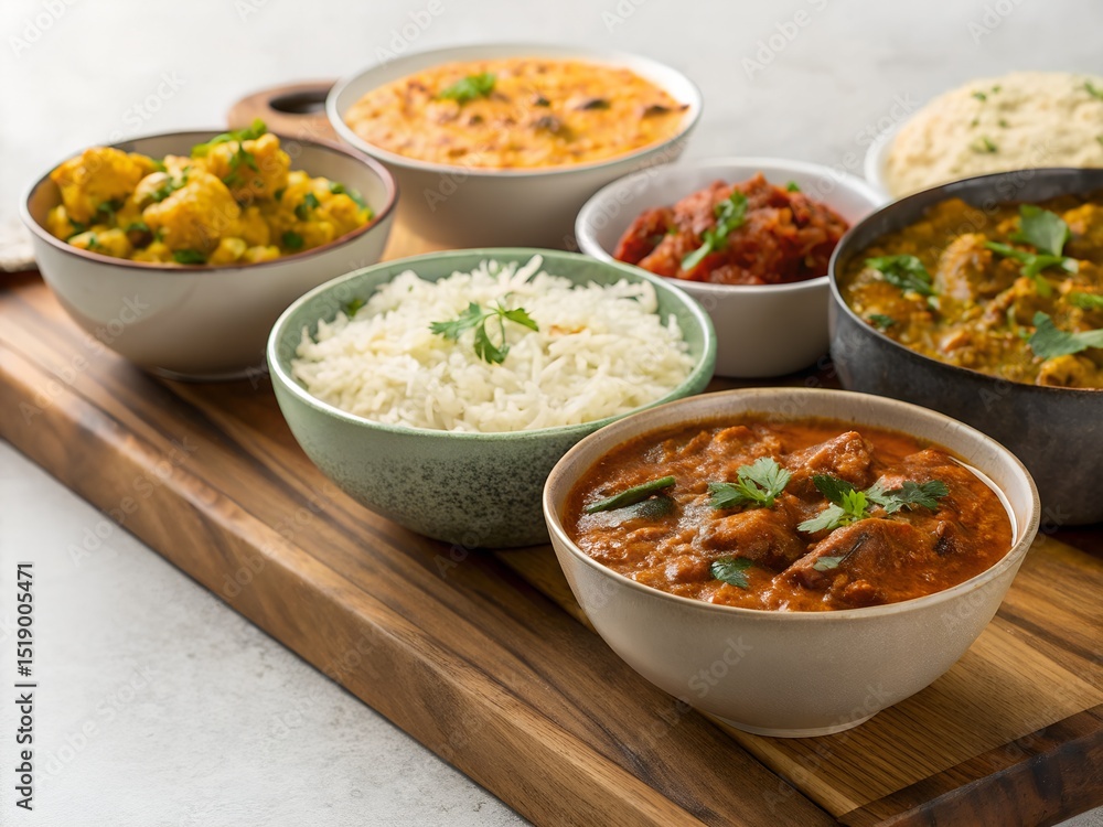 Assortment of Indian Curries and Rice Dishes in Bowls Assortment of Indian Curries and Rice Dishes in Bowls