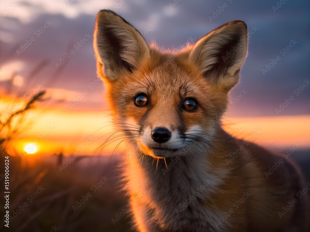 Fototapeta premium Fox Cub Close Up at Sunset