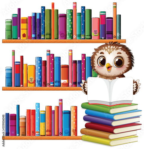 Owl Reading in a Colorful Library