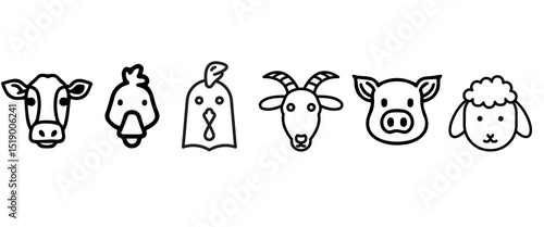 Farm animals like sheep, pork, hen, cow ,goat and goose hand drawn vector outline icons. 