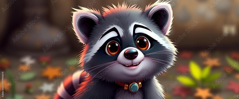 A charming cartoon raccoon, plump and fluffy, with big, expressive eyes, wearing a tiny collar , paws, pretty A charming cartoon raccoon, plump and fluffy, with big, expressive eyes, wearing a tiny collar , paws, pretty