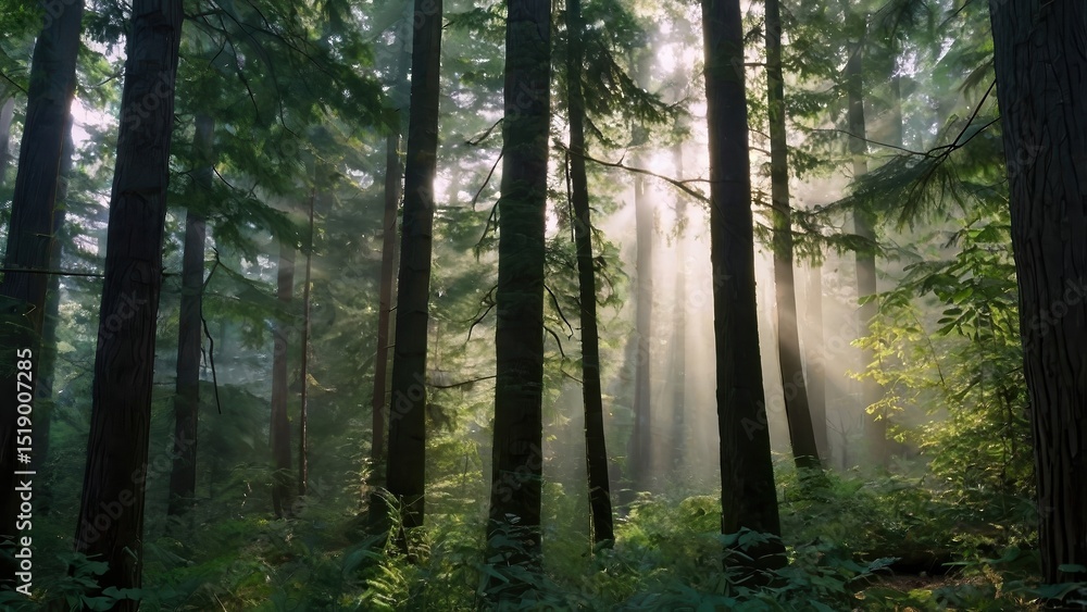 Obraz premium Sunlight streaming through tall trees in a dense forest creating a serene and mystical atmosphere
