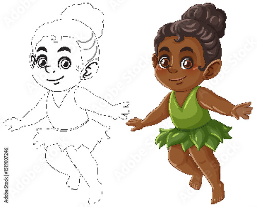 Charming Fairy Illustration with Outline and Color Versions