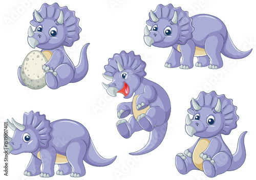 Cute Baby Triceratops Vector Illustration Set