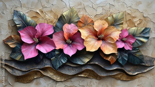 Vibrant Floral Wall Art with Three-dimensional Flowers and Leaves