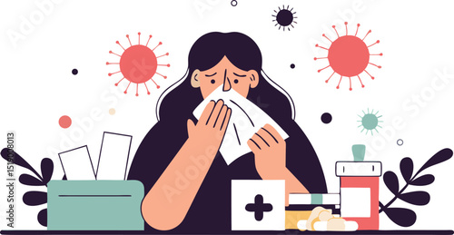 Flu and Viral Infection Sickness Concept. Diseased Woman Sneezing with Wipes around. Female Character Coughing Having Cold or Coronavirus Symptom, Medicine and Illness. Cartoon Vector Illustration