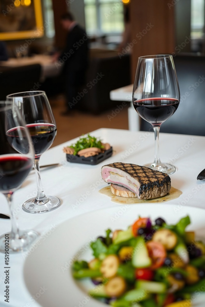 Elegant restaurant dining scene featuring ostrich fillet with grilled vegetables, fresh salad, and red wine Elegant restaurant dining scene featuring ostrich fillet with grilled vegetables, fresh salad, and red wine