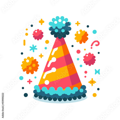 A whimsical party hat with confetti and playful elements. Ideal for websites/blogs on celebrations, birthdays, events, joy, or party supplies.