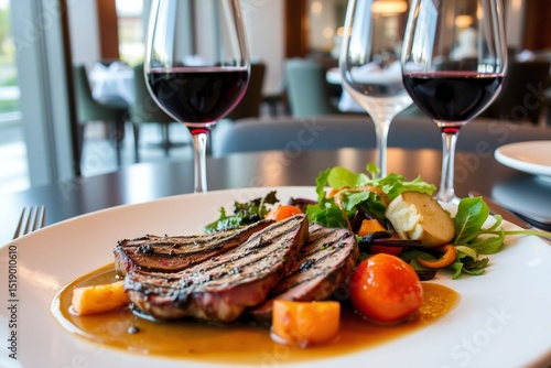 Elegant restaurant dining scene featuring ostrich fillet with grilled vegetables, fresh salad, and red wine