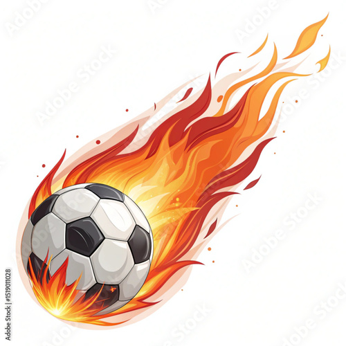 A soccer ball engulfed in flames with a fiery trail on a white background illustration art style created with generated ai