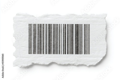 Isolated torn piece of white textured paper with a printed black barcode on a clean white background offering diverse applications from retail to inventory control and data security.